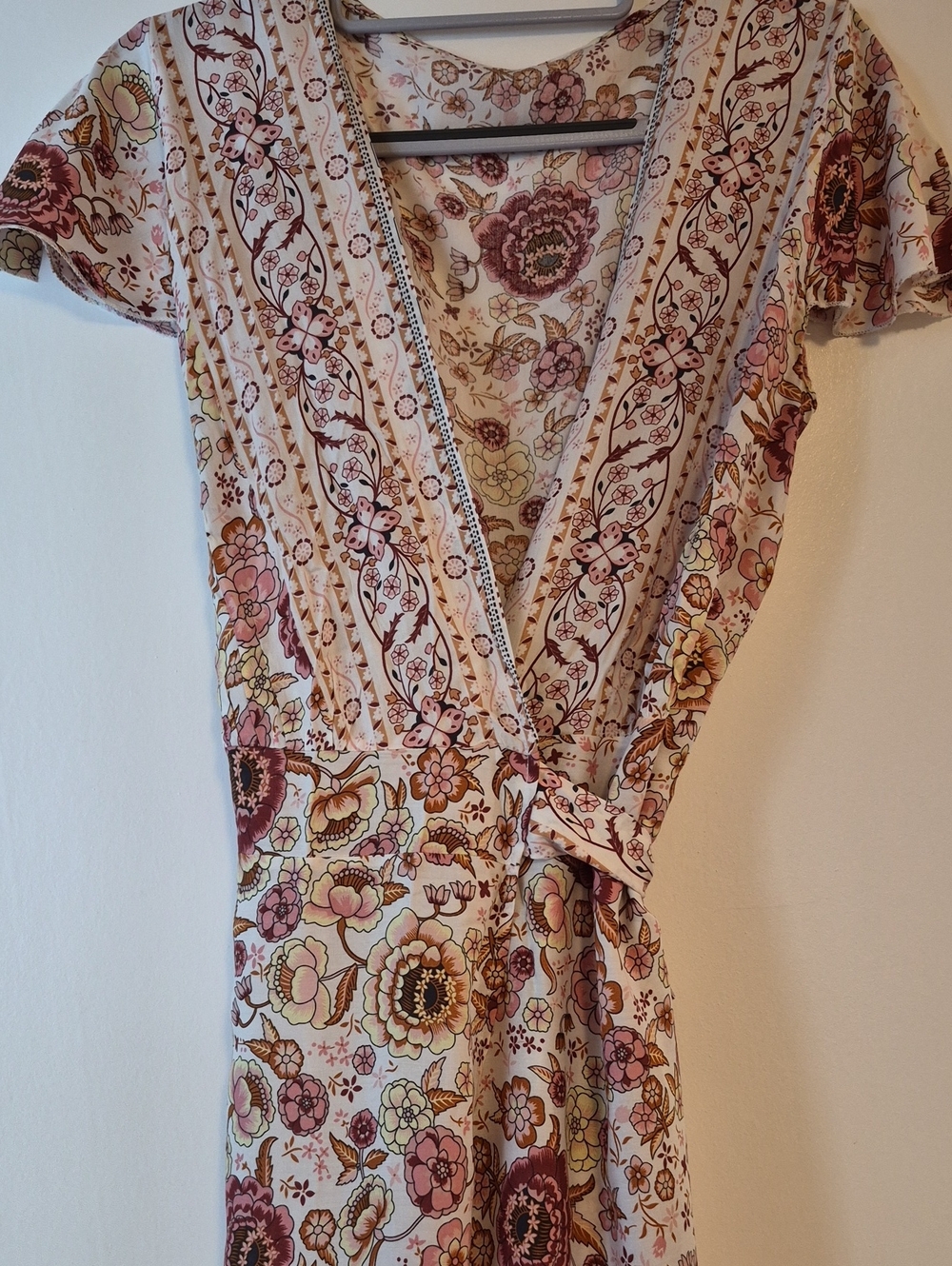 Floral Wrap-Style Dress in Cream, Pink & Brown